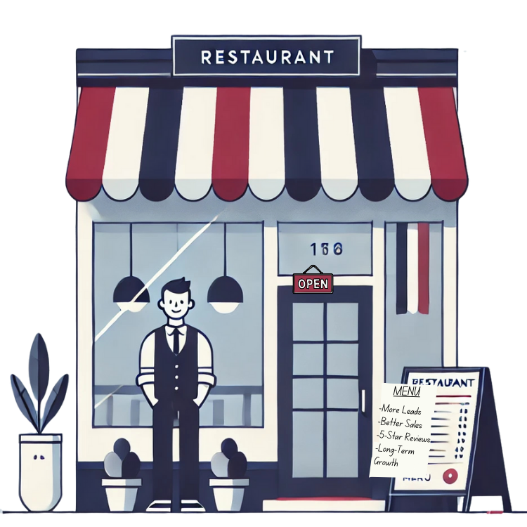 Illustration of business owner standing in front of restaurant storefront.